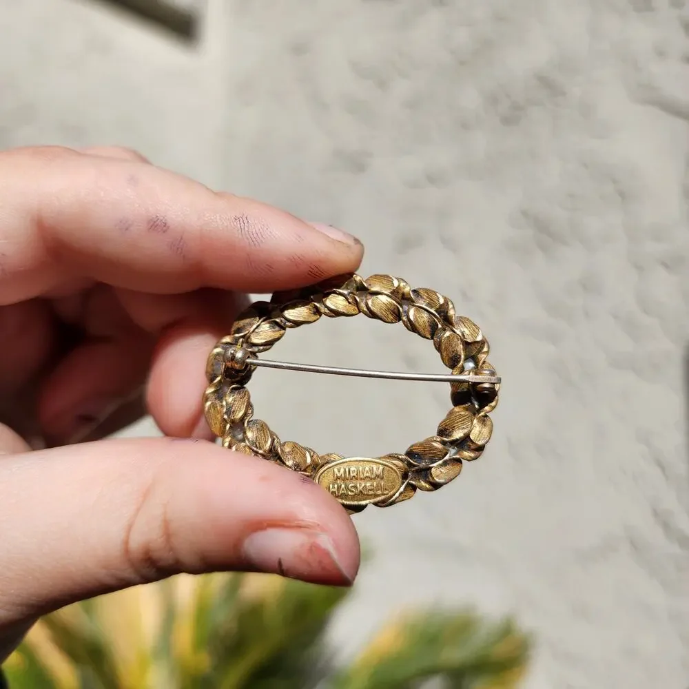 Vtg Miriam Haskell Brooch Gold Tone Wreath Faux Pesrl Milk Glass Pin SIGNED